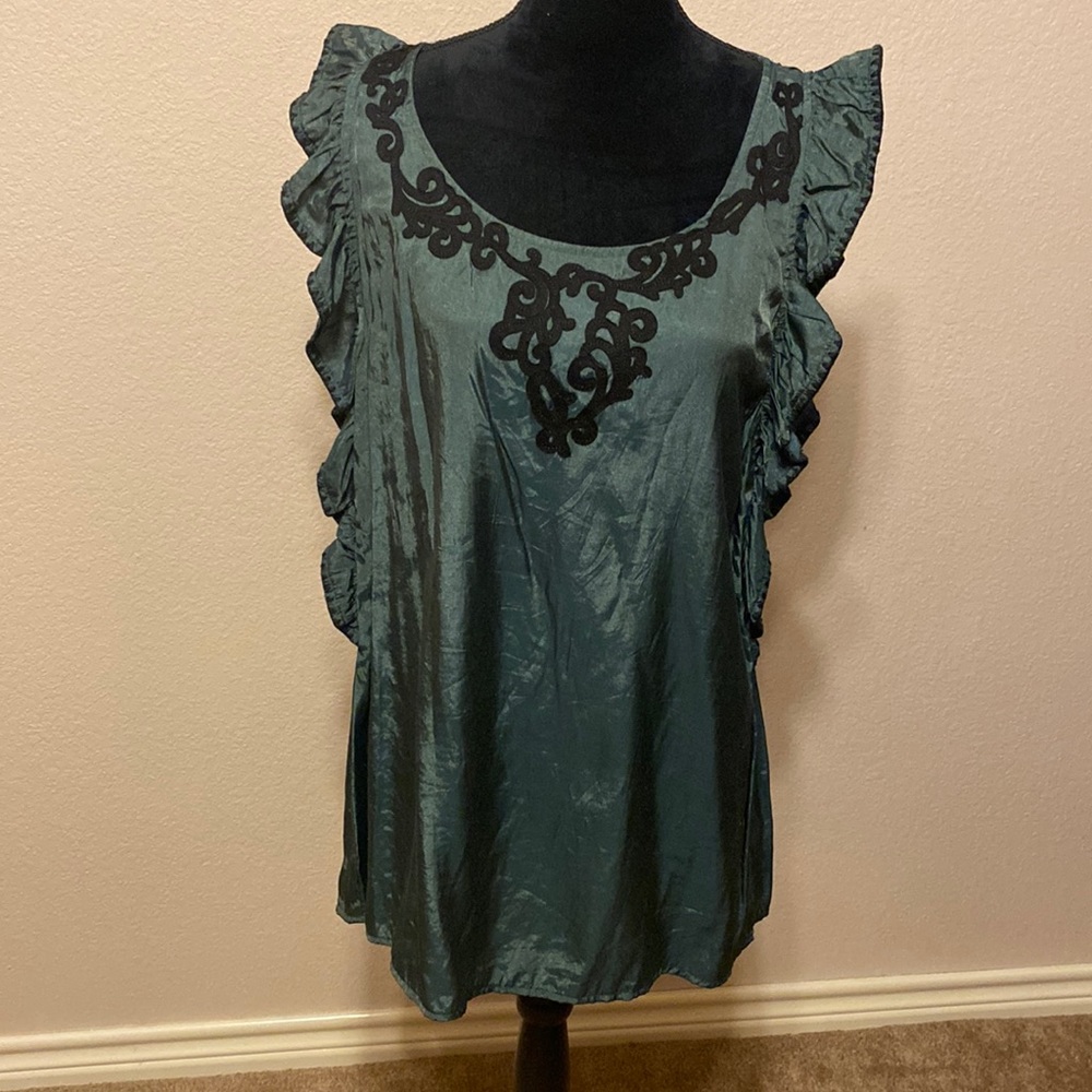 Mustard Seed Teal Top with Black Embroidery